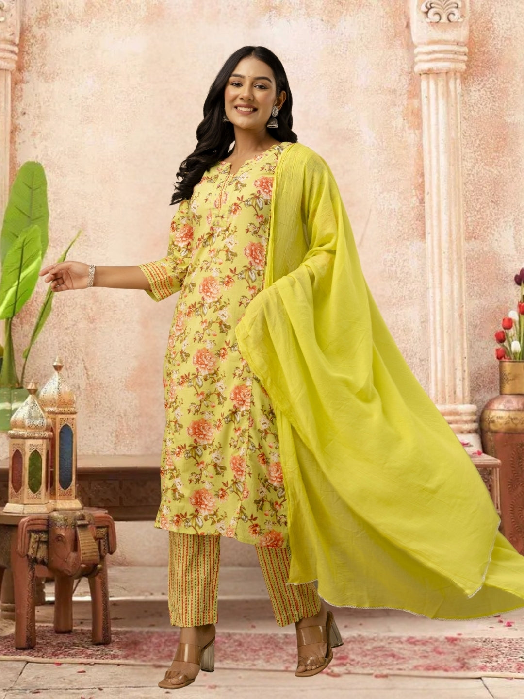 Floral Printed Yellow Kurta Set With Dupatta
