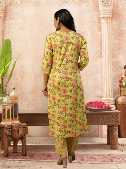 Floral Printed Yellow Kurta Set With Dupatta