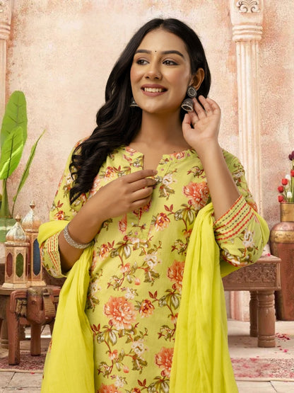 Floral Printed Yellow Kurta Set With Dupatta