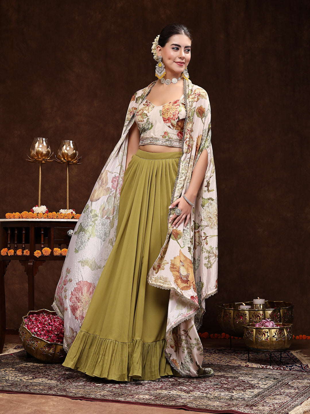 Mehandi Printed Party Wear Georgette Skirt & Blouse With Jacket (Pre-Order)