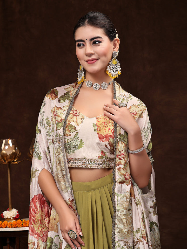 Mehandi Printed Party Wear Georgette Skirt &amp; Blouse With Jacket