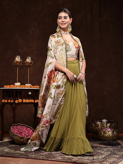 Mehandi Printed Party Wear Georgette Skirt & Blouse With Jacket (Pre-Order)