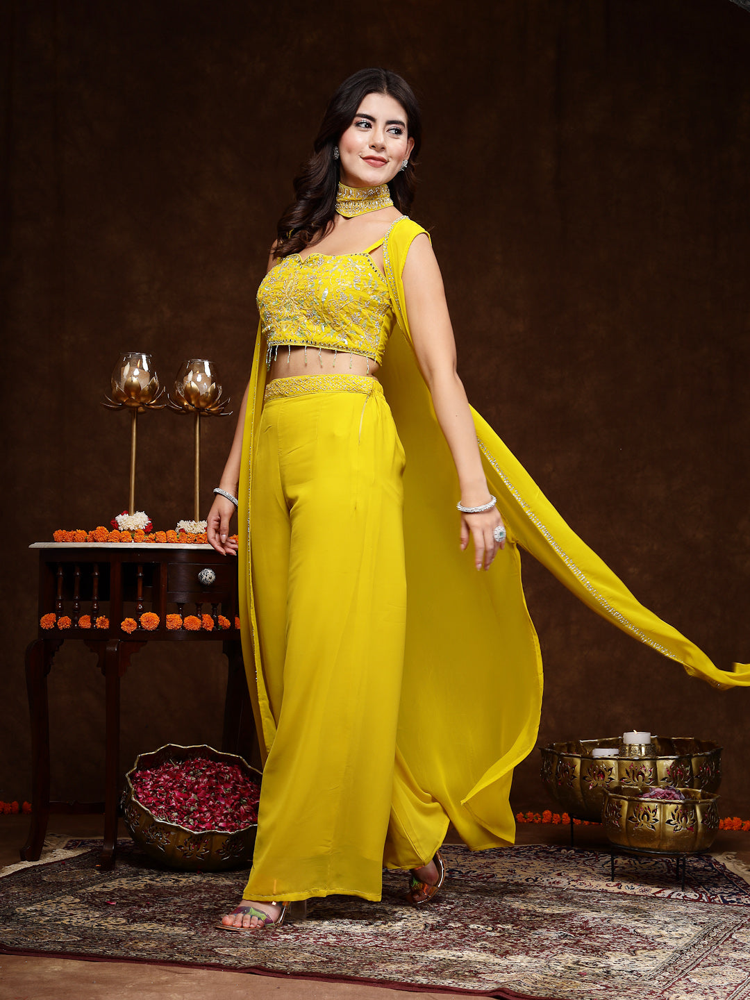 Mustard Embellished Party Wear Georgette Palazzo & Blouse With Jacket