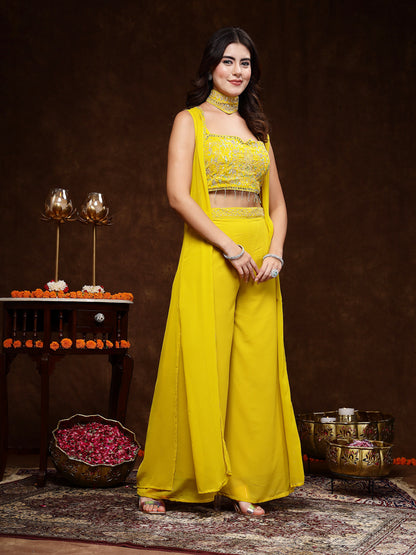 Mustard Embellished Party Wear Georgette Palazzo & Blouse With Jacket
