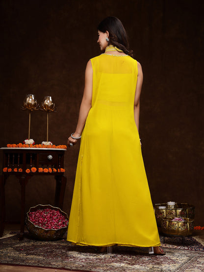 Mustard Embellished Party Wear Georgette Palazzo & Blouse With Jacket (Pre-Order)