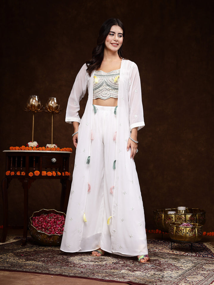 White Embellished Party Wear Georgette Palazzo &amp; Blouse With Jacket