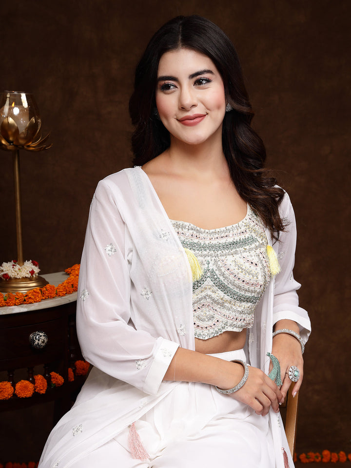 White Embellished Party Wear Georgette Palazzo &amp; Blouse With Jacket
