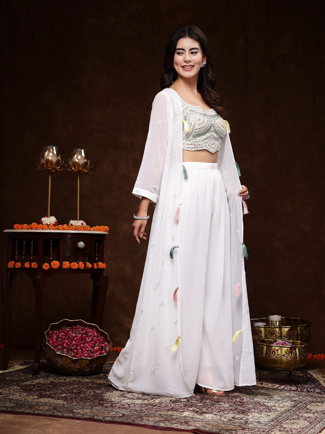White Embellished Party Wear Georgette Palazzo &amp; Blouse With Jacket