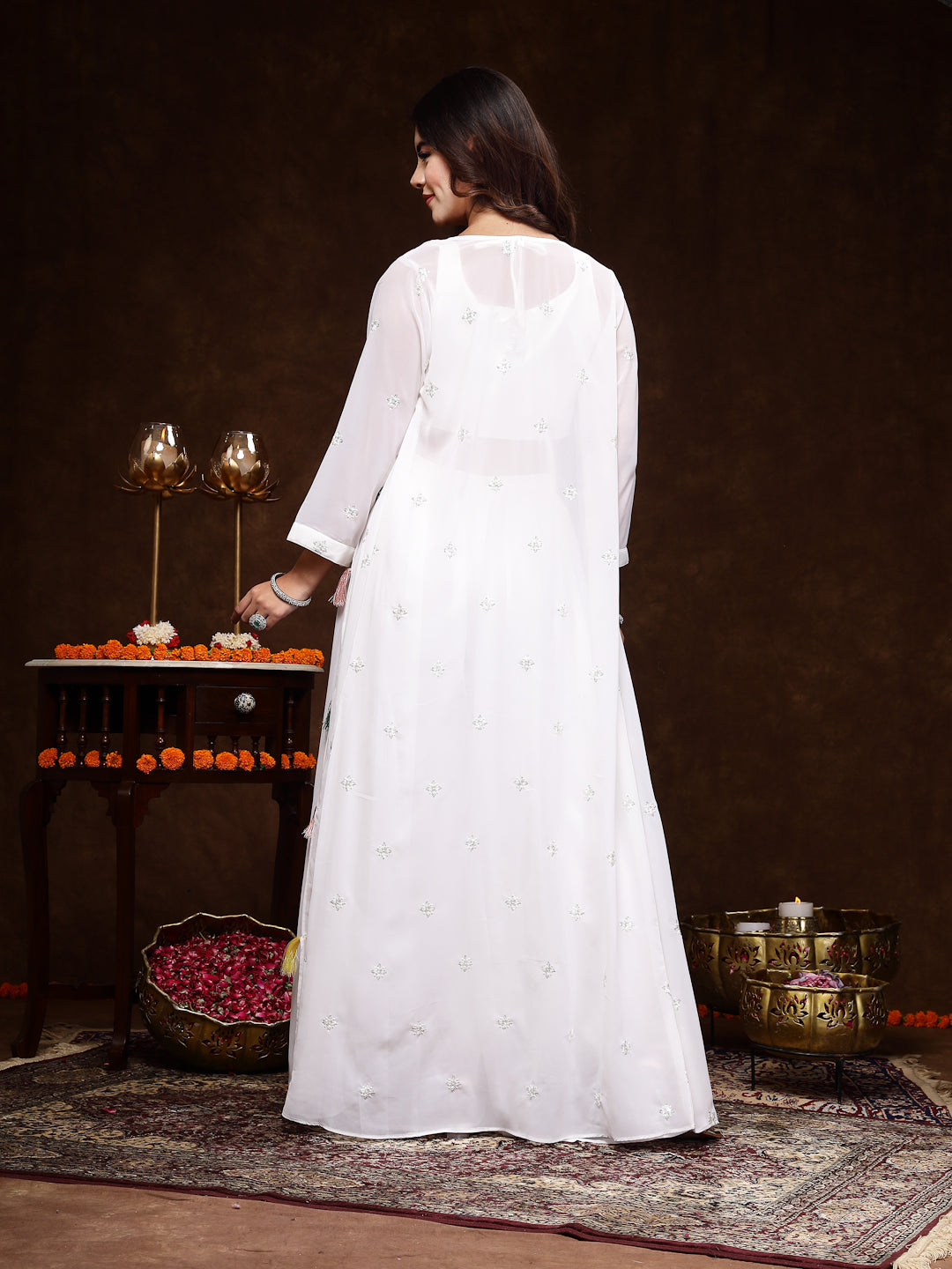 White Embellished Party Wear Georgette Palazzo &amp; Blouse With Jacket