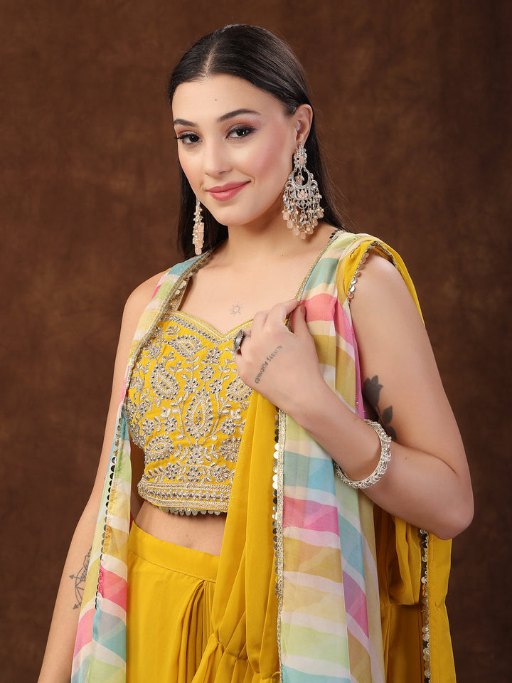 Mustard Solid Georgette Draped Lehenga &amp; Blouse With Printed Jacket