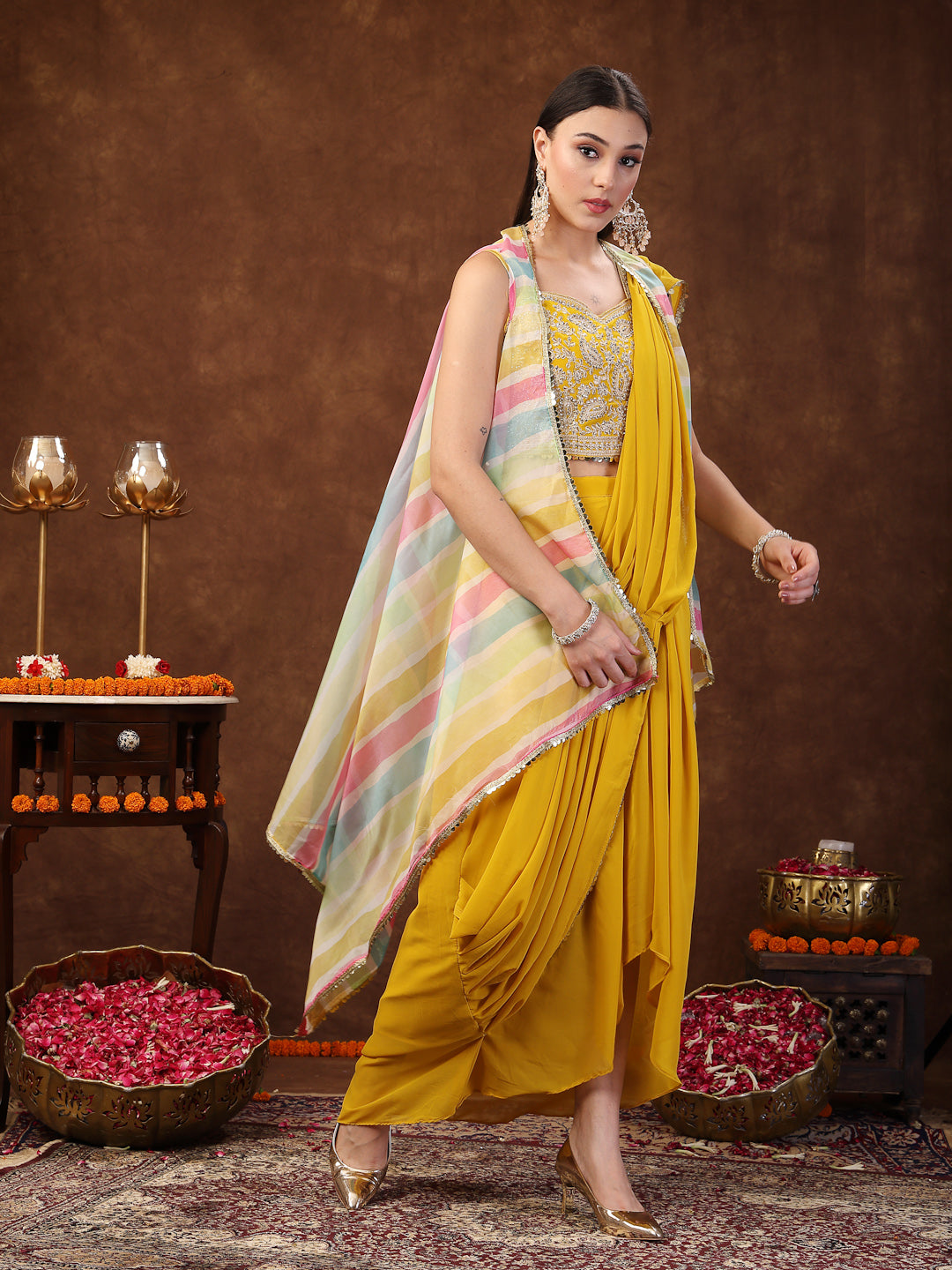 Mustard Solid Georgette Draped Lehenga &amp; Blouse With Printed Jacket