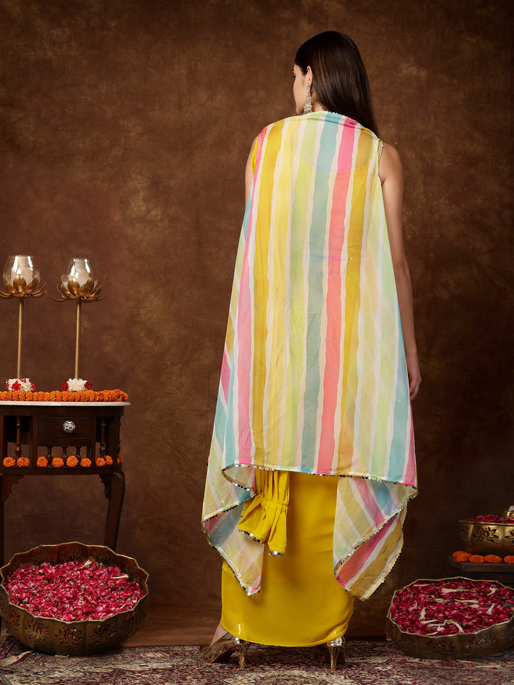 Mustard Solid Georgette Draped Lehenga &amp; Blouse With Printed Jacket