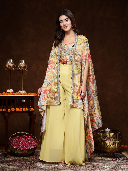 Beige Printed Party Wear Georgette Palazzo & Blouse With Jacket (Pre-Order)