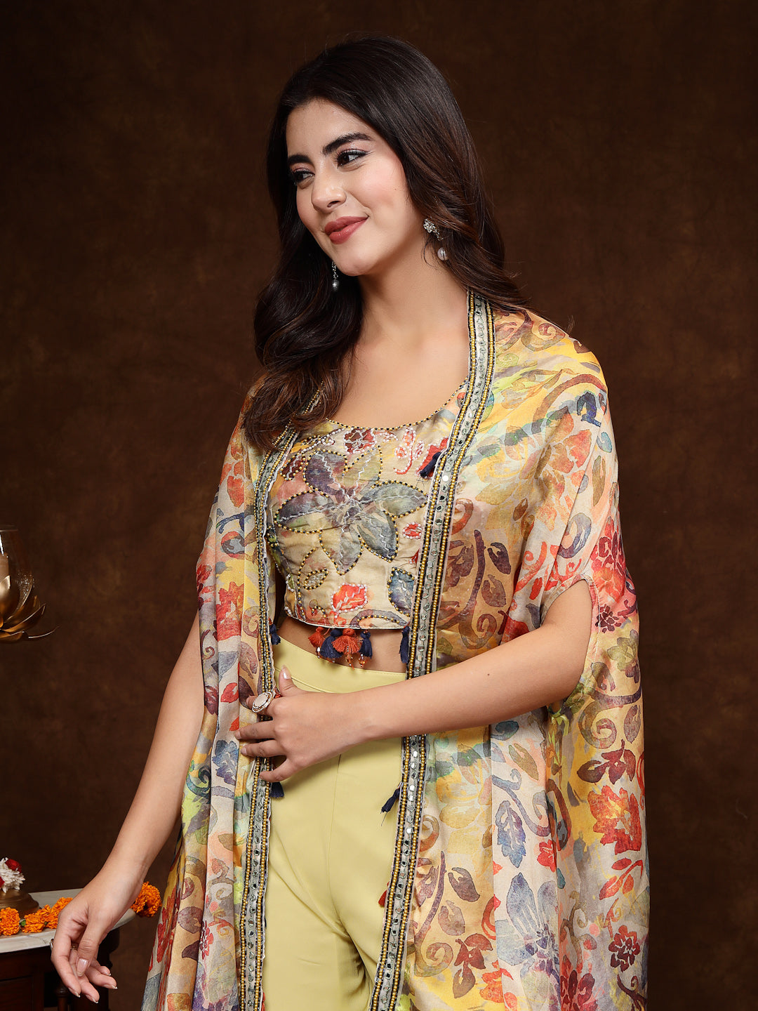 Beige Printed Party Wear Georgette Palazzo & Blouse With Jacket (Pre-Order)