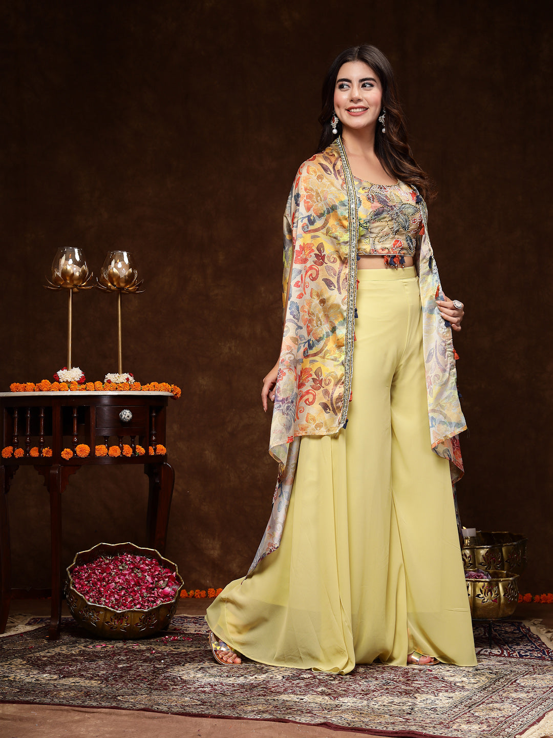 Beige Printed Party Wear Georgette Palazzo & Blouse With Jacket (Pre-Order)