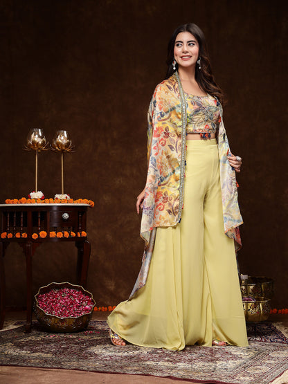 Beige Printed Party Wear Georgette Palazzo & Blouse With Jacket (Pre-Order)