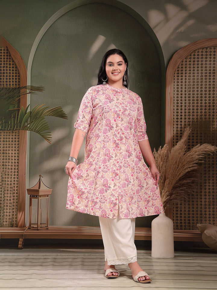 Plus Size Pink Floral Printed Rayon A-Line Kurta