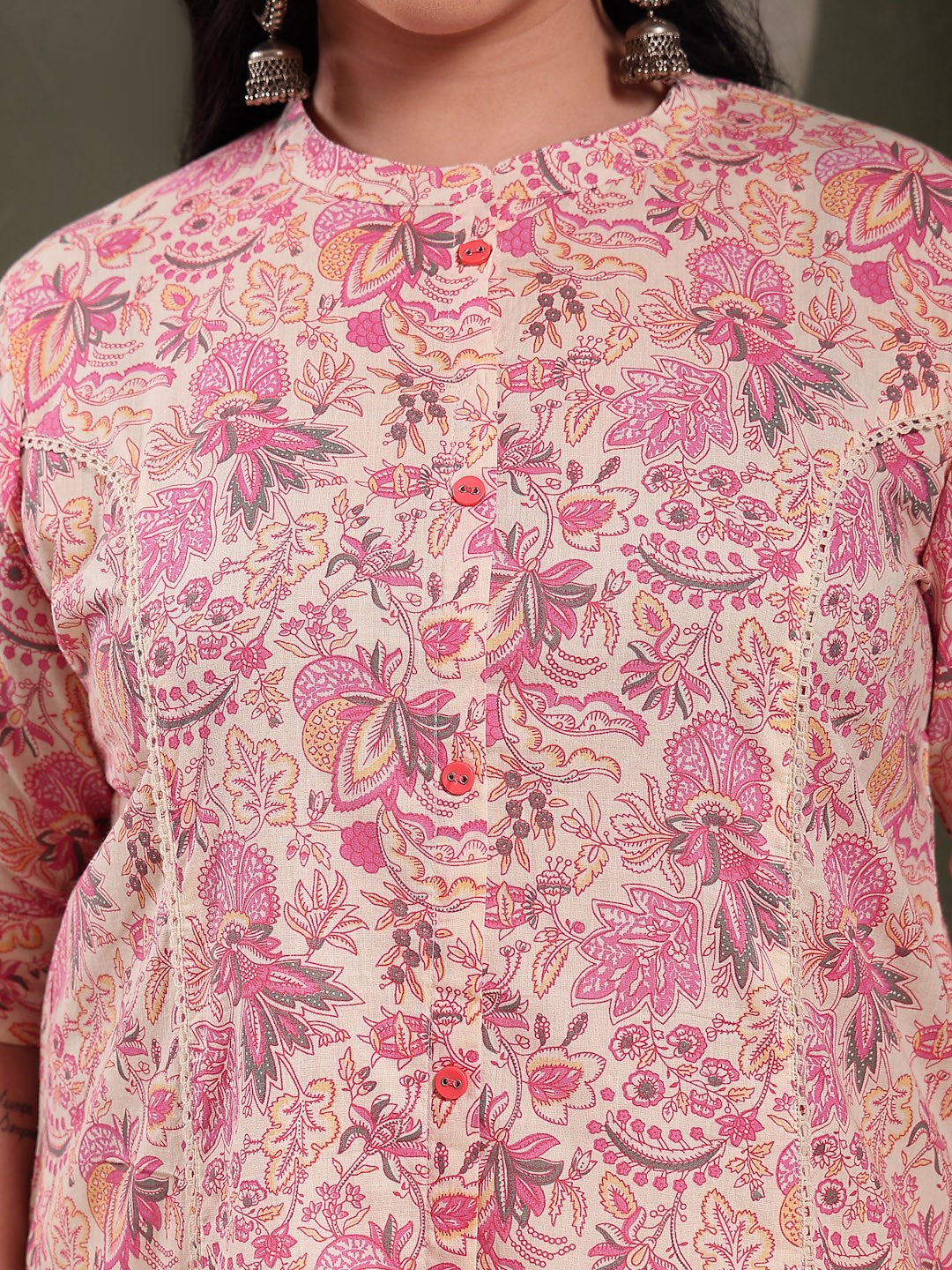 Plus Size Pink Floral Printed Rayon A-Line Kurta