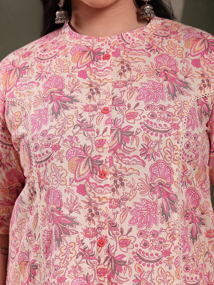 Plus Size Pink Floral Printed Rayon A-Line Kurta