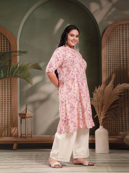Plus Size Pink Floral Printed Rayon A-Line Kurta