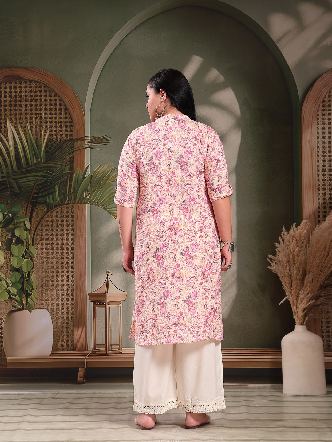 Plus Size Pink Floral Printed Rayon A-Line Kurta