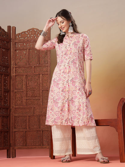 Pink Floral Printed Rayon A-Line Kurta