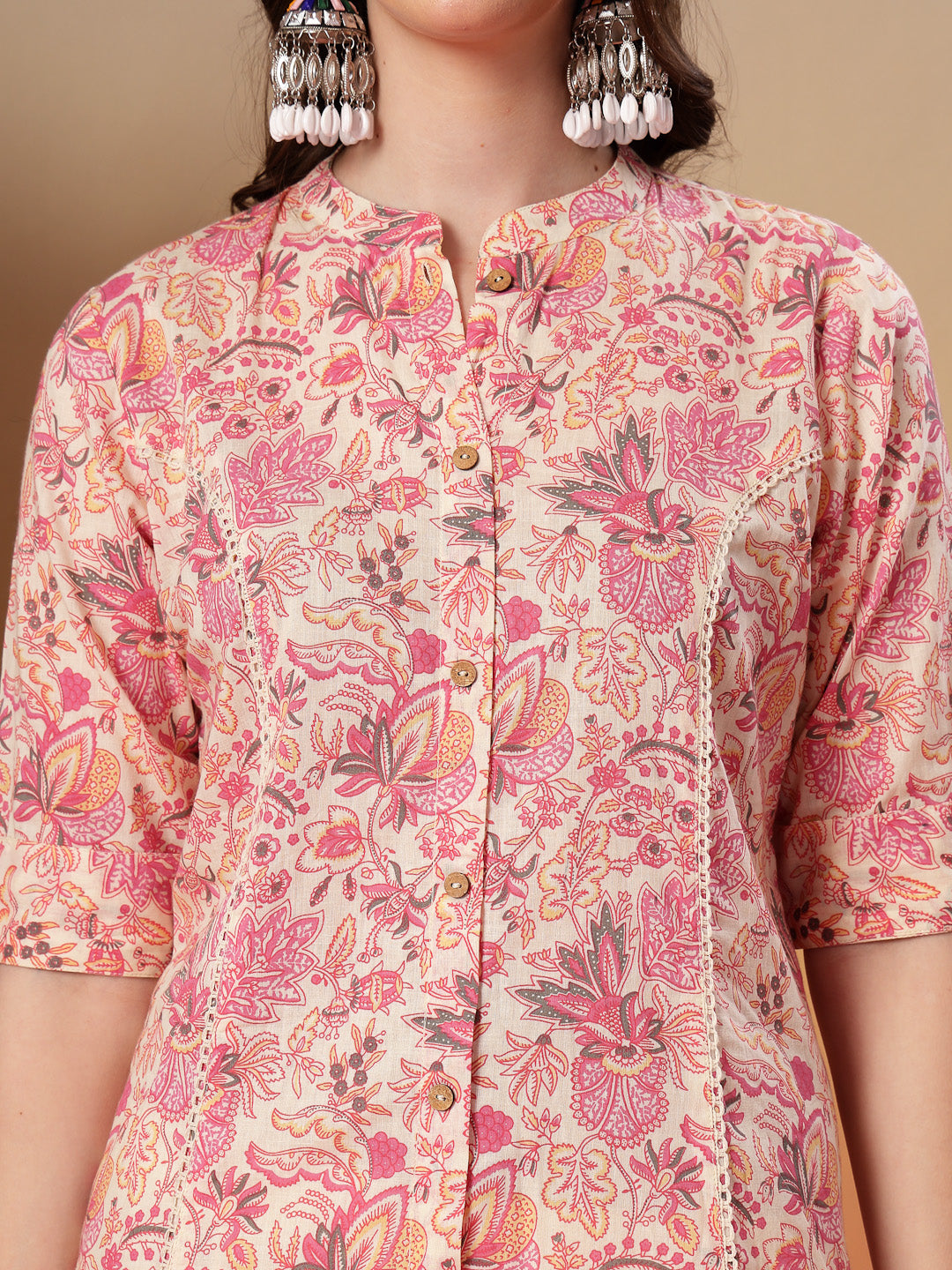 Pink Floral Printed Rayon A-Line Kurta