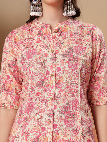 Pink Floral Printed Rayon A-Line Kurta