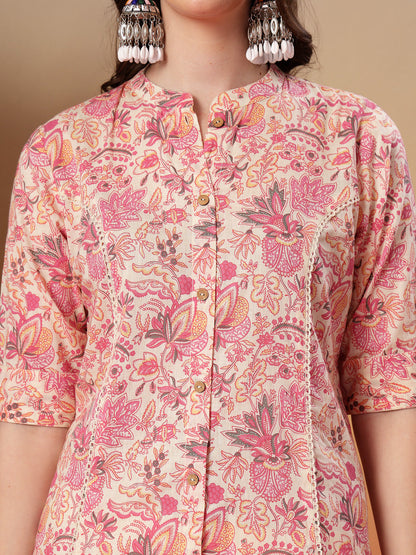 Pink Floral Printed Rayon A-Line Kurta (Pre-Order)