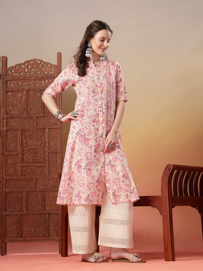 Pink Floral Printed Rayon A-Line Kurta
