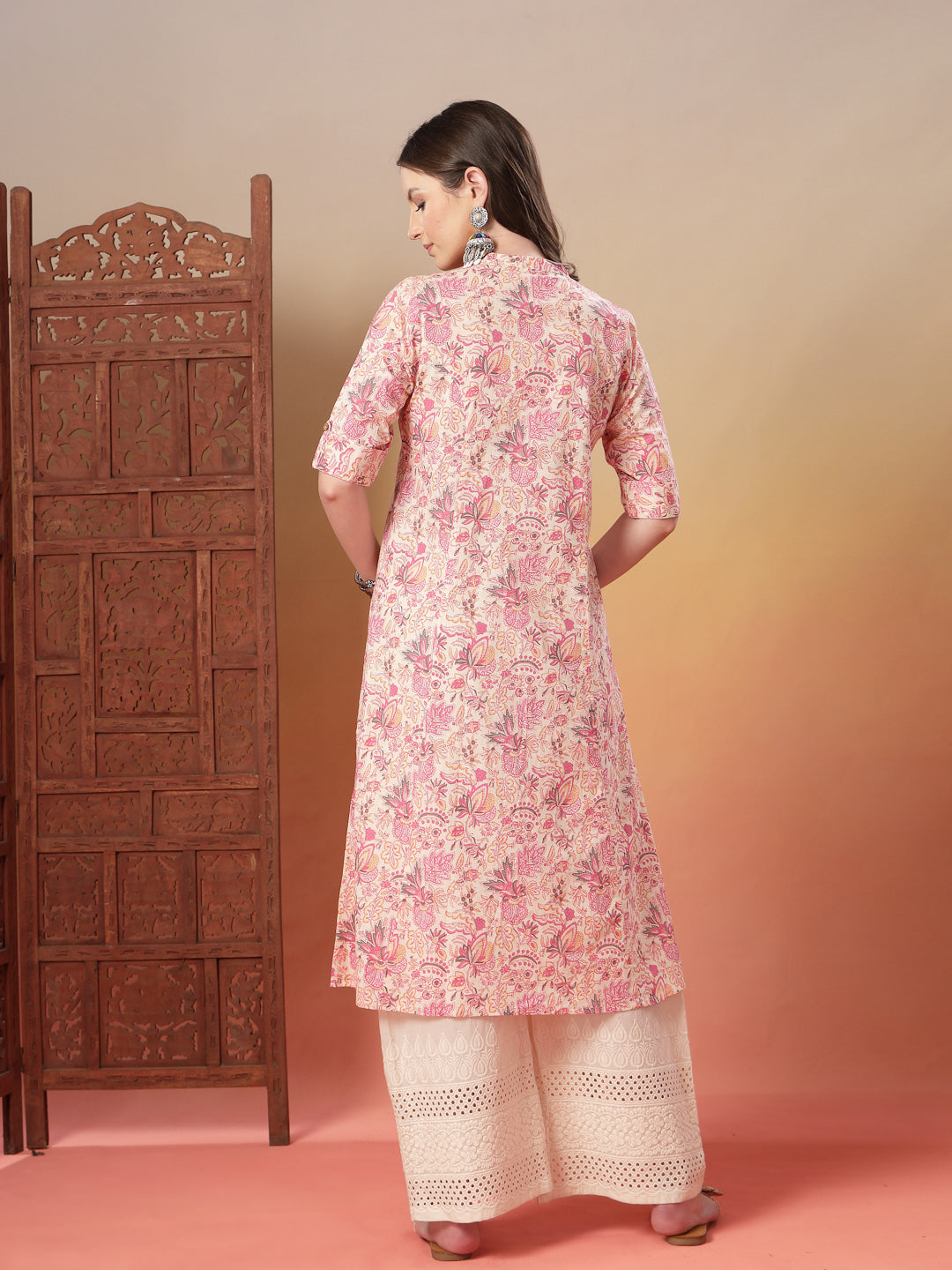Pink Floral Printed Rayon A-Line Kurta