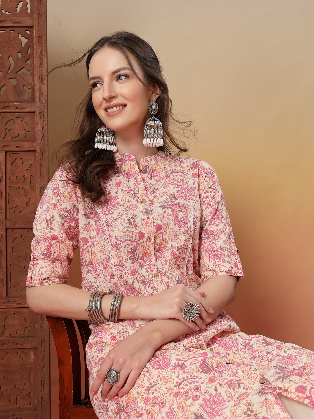 Pink Floral Printed Rayon A-Line Kurta (Pre-Order)