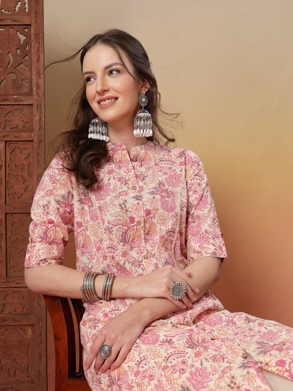 Pink Floral Printed Rayon A-Line Kurta (Pre-Order)