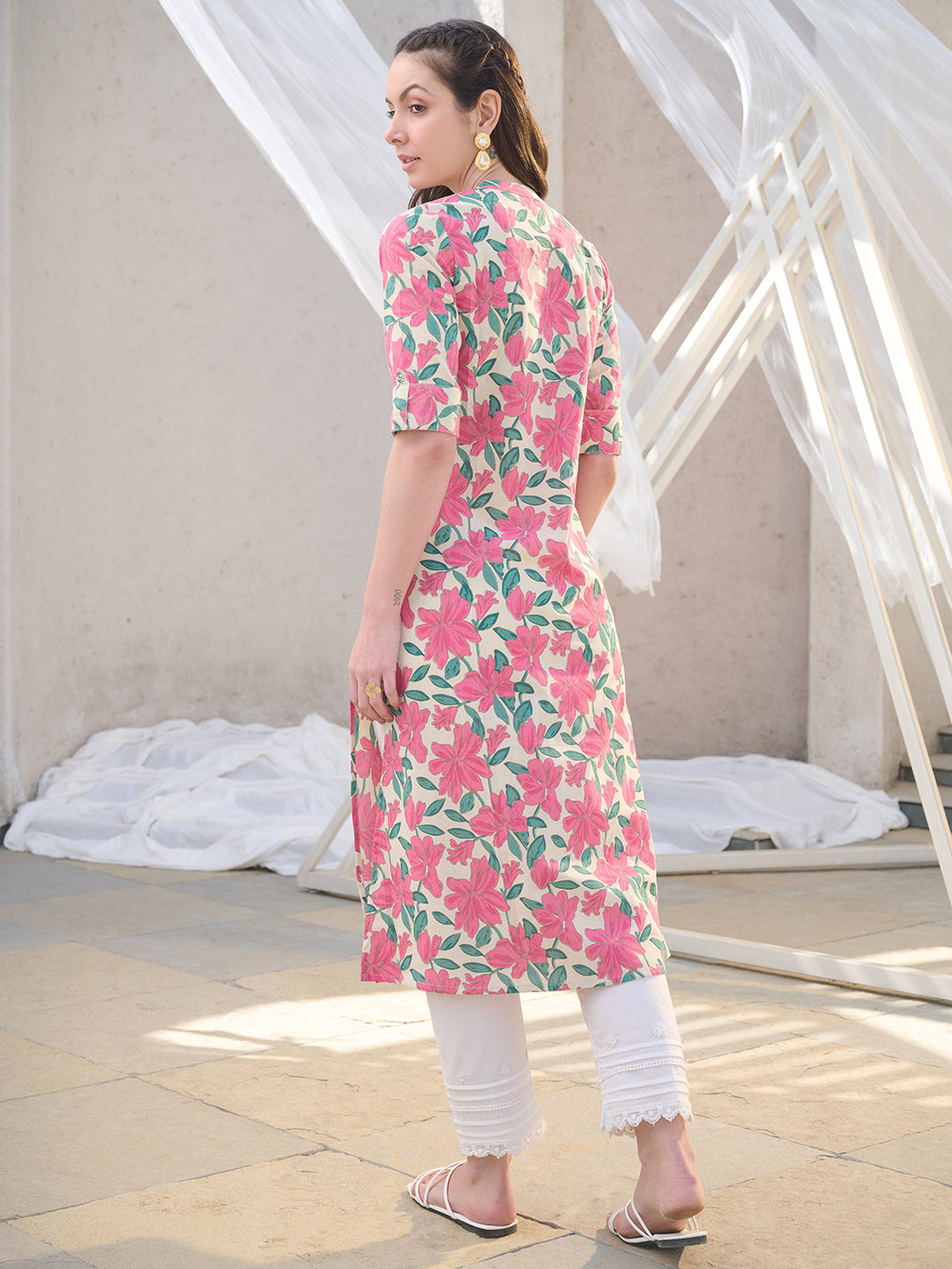 Pink Floral Printed Cotton Flax A-Line Kurta