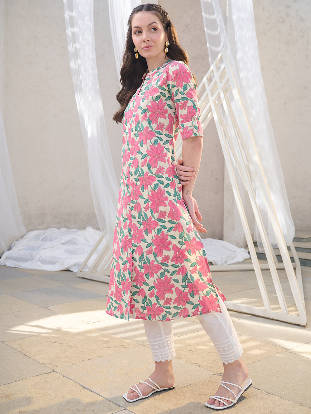 Pink Floral Printed Cotton Flax A-Line Kurta
