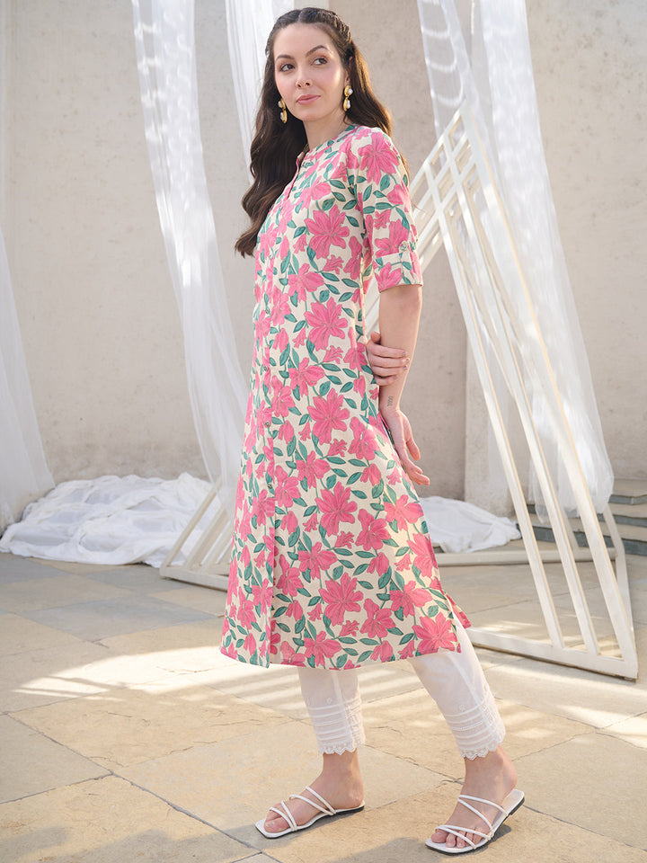 Pink Floral Printed Cotton Flax A-Line Kurta