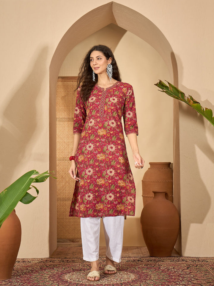 Floral Printed Cotton Straight Kurta