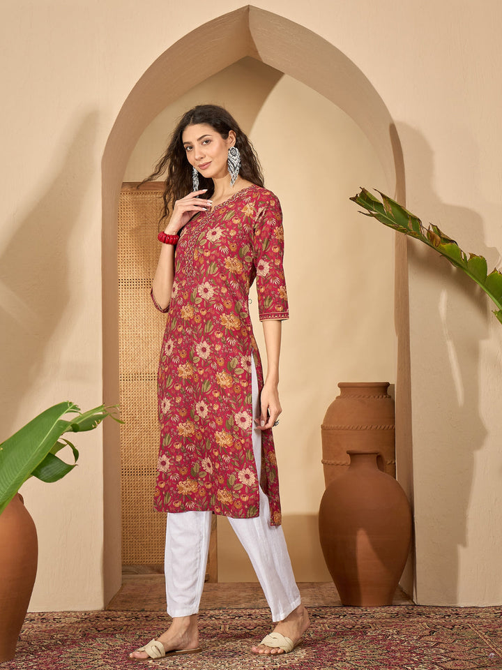 Floral Printed Cotton Straight Kurta