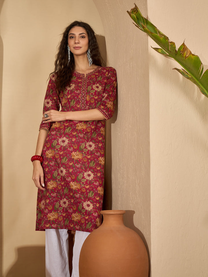 Floral Printed Cotton Straight Kurta