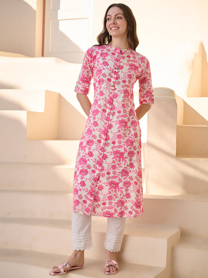 Pink Floral Printed Rayon A- Line Kurta