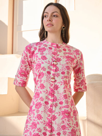 Pink Floral Printed Rayon A- Line Kurta