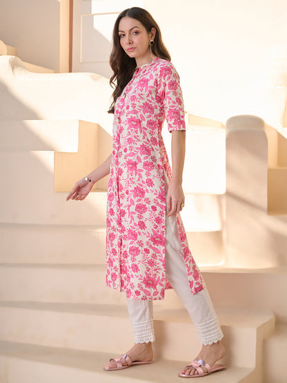 Pink Floral Printed Rayon A- Line Kurta