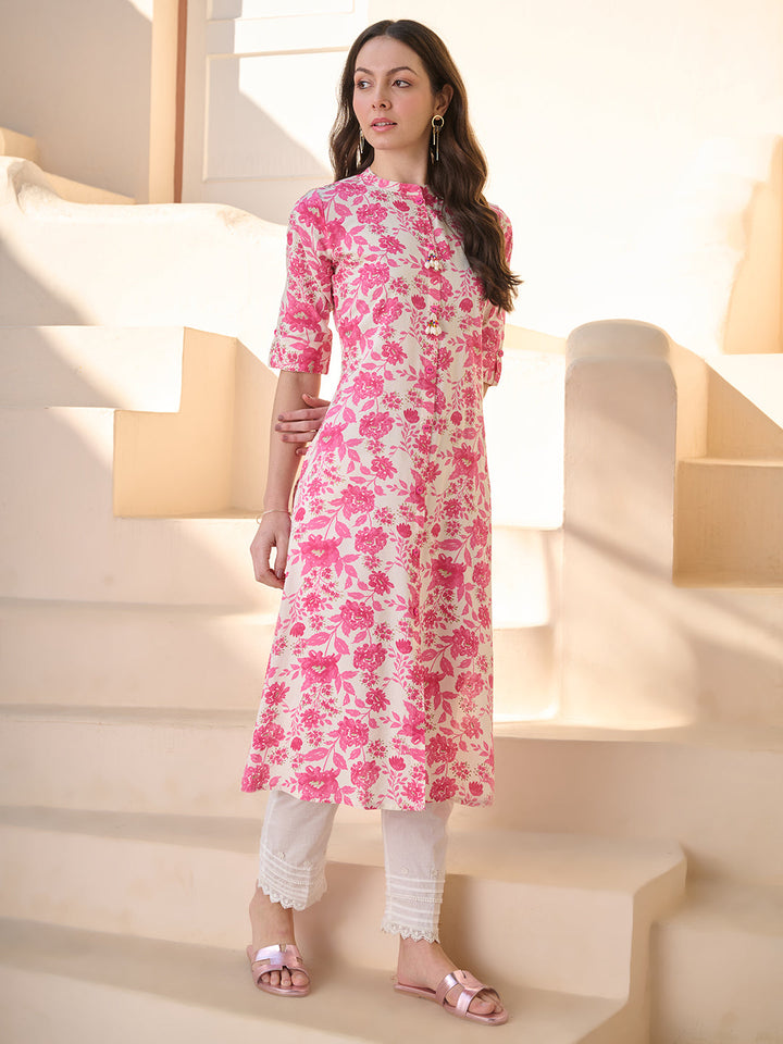 Pink Floral Printed Rayon A- Line Kurta