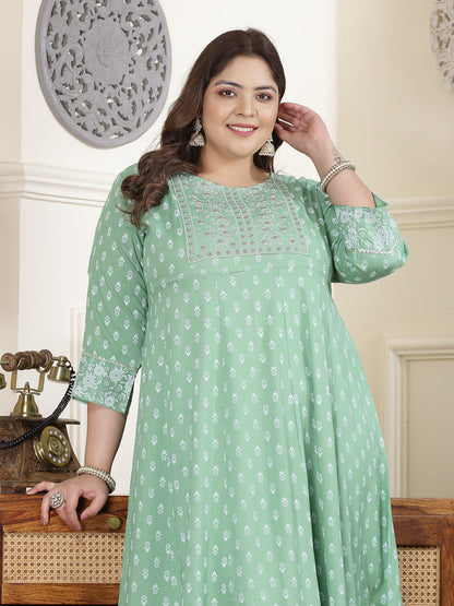 Plus Size Printed & Embroidered Rayon Anarkali Kurta