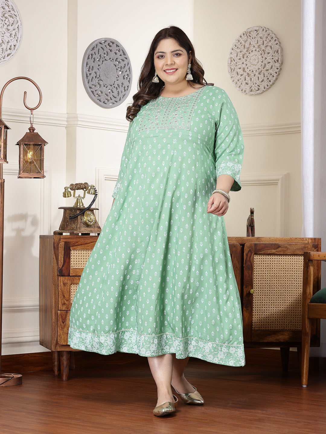 Plus Size Printed &amp; Embroidered Rayon Anarkali Kurta