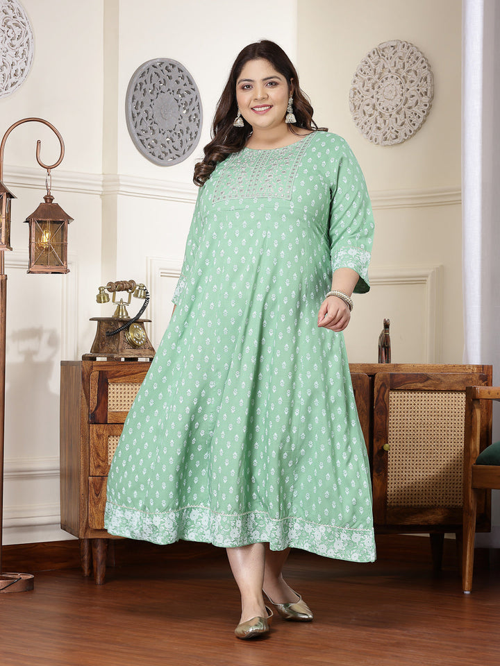 Plus Size Printed &amp; Embroidered Rayon Anarkali Kurta