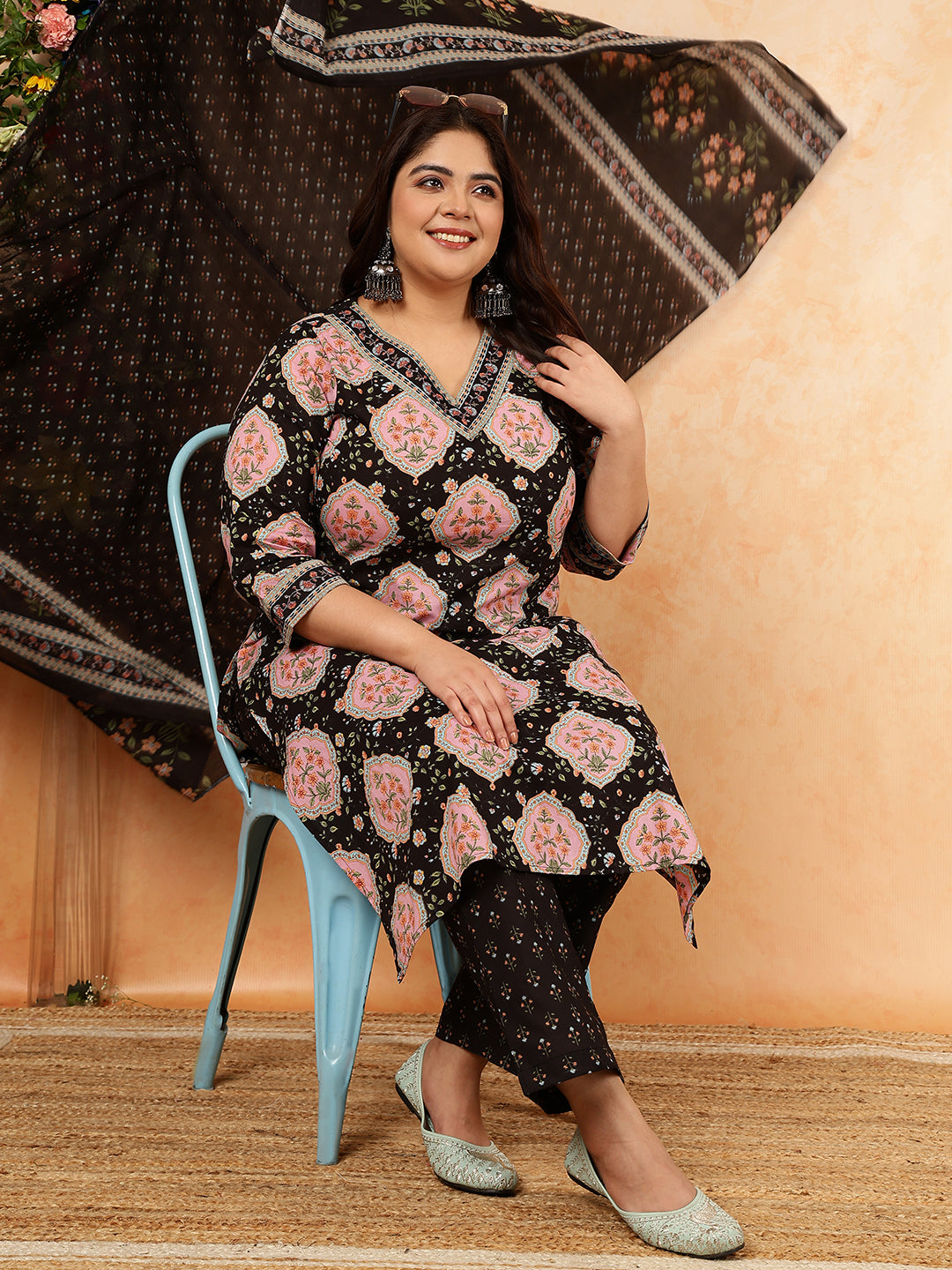 Cotton Calf Length Printed Straight 3/4 Sleeves V-Neck Kurta, Bottom With Dupatta