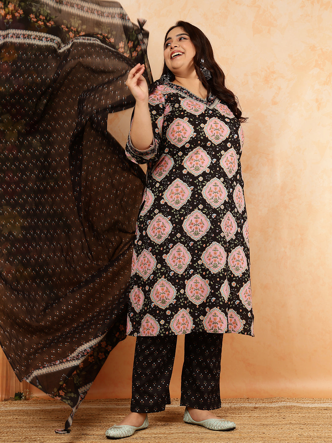 Cotton Calf Length Printed Straight 3/4 Sleeves V-Neck Kurta, Bottom With Dupatta
