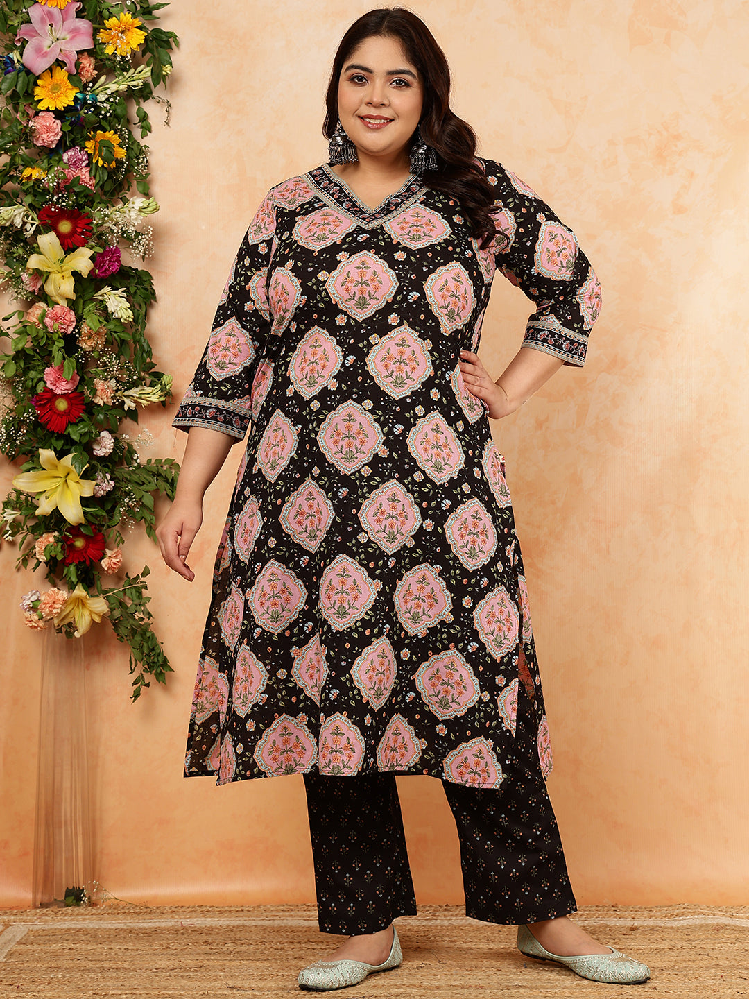 Cotton Calf Length Printed Straight 3/4 Sleeves V-Neck Kurta, Bottom With Dupatta