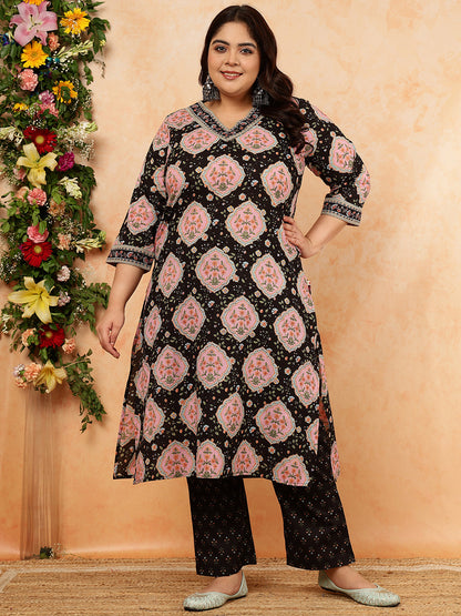 Cotton Calf Length Printed Straight 3/4 Sleeves V-Neck Kurta, Bottom With Dupatta